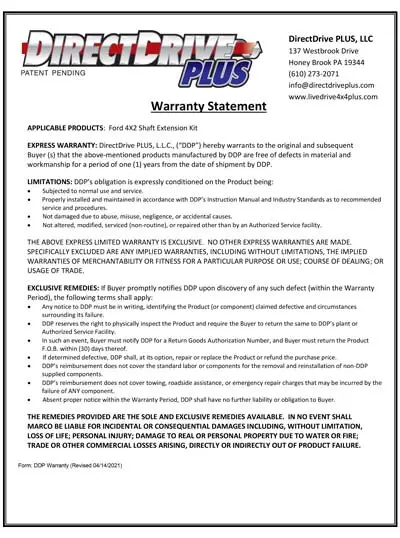 Ford LiveDrive Plus Warranty-Statement-4x2-Shaft-Extension-4-14-2021